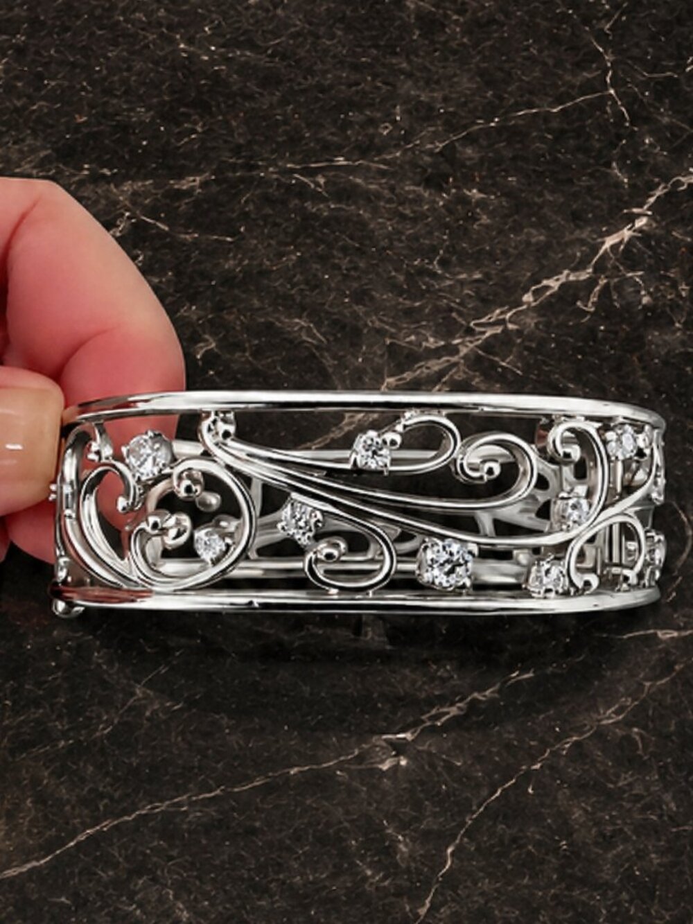 Sterling Silver Filigree CZ Bangle Bracelet | 925 Statement Cuff | EUC
